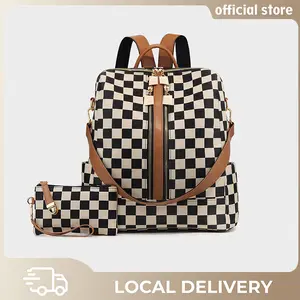 Women's Vintage Checkerboard Backpack & Wristlet Set Large Capacity Travel Bag with Detachable Wristlet Adjustable Straps Golden Hardware Durable for School Work Daily Use Multifunctional Bag Set