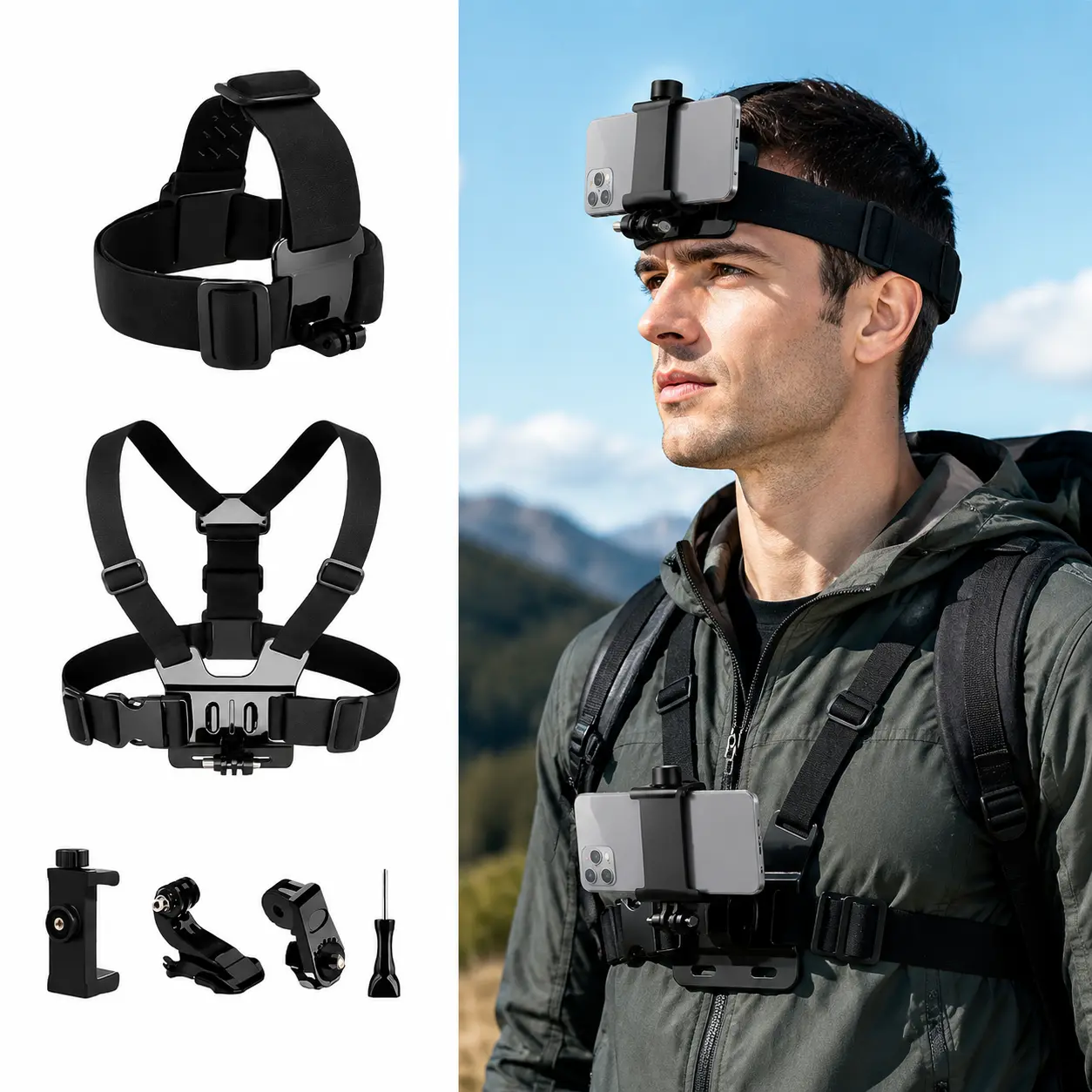 6pcs Adjustable Photobooth Prop Set - Mobile Phone Chest Mount Harness Vest, Head Strap Clip Holder for POV/VLOG, Compatible with iPhone, Samsung, GoPro Hero, DJI Osmo, AKASO Action Cameras
