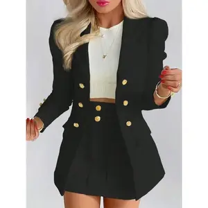 Two-piece Set Women's Solid Puff Long Sleeve Blazer & Pocket Skirt Set, Elegant Lapel Neck Fake Buttons & Pocket Decor Outerwear & Short Skirt for Work Office Business, Ladies Fall & Winter Clothes