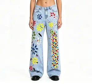 Rainbow Paint Splatter Daisy Floral Print High Waist Wide Leg Jeans Women Hippie Casual Loose Oversized Bootcut Art Denim Trousers