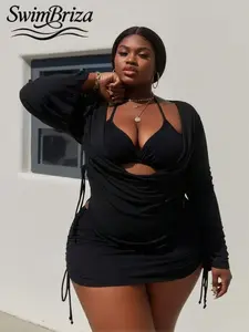 Briza｜Long Sleeve Mesh Cut Out Black Push Up Bikini Sets With A Two-Piece Swimsuit Cover Up For Women For Plus Size Swimsuits And Plus Sized Bathing Suits As Cover Ups Swimsuits For Women Vacation Swimwear For Women Bathing Suit Confidence