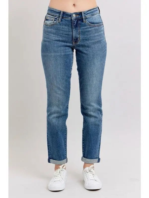Judy Blue Mid Rise Vintage Wash Non Distressed Boyfriend Cuffed Jeans 82662, Stretchy Comfortable Cotton Womenswear Basic Bottom