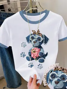 Cute Dog Print Animal T-Shirt, Casual Fitted Style, 3D Digital Printing, Colorblock Design, Perfect for Daily Wear, Sweet Girl Fashion