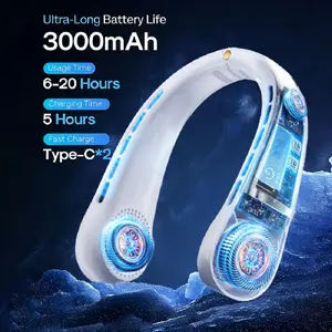 Neck fan, neck personal fan, adjustable, 360 ° cooling, ultra quiet, bladeless fan design, no hair distortion, uniform air flow on both sides, anti slip, short charging time, long use time, a good partner for office travel