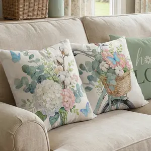 Set of 4 Decorative Spring Wreath Pillow Covers - Sage Green Family Quote & Hydrangea Bicycle Floral Linen Cushion Case for Farmhouse Decor Room Bedroom Sofa Chair Car 0126YH