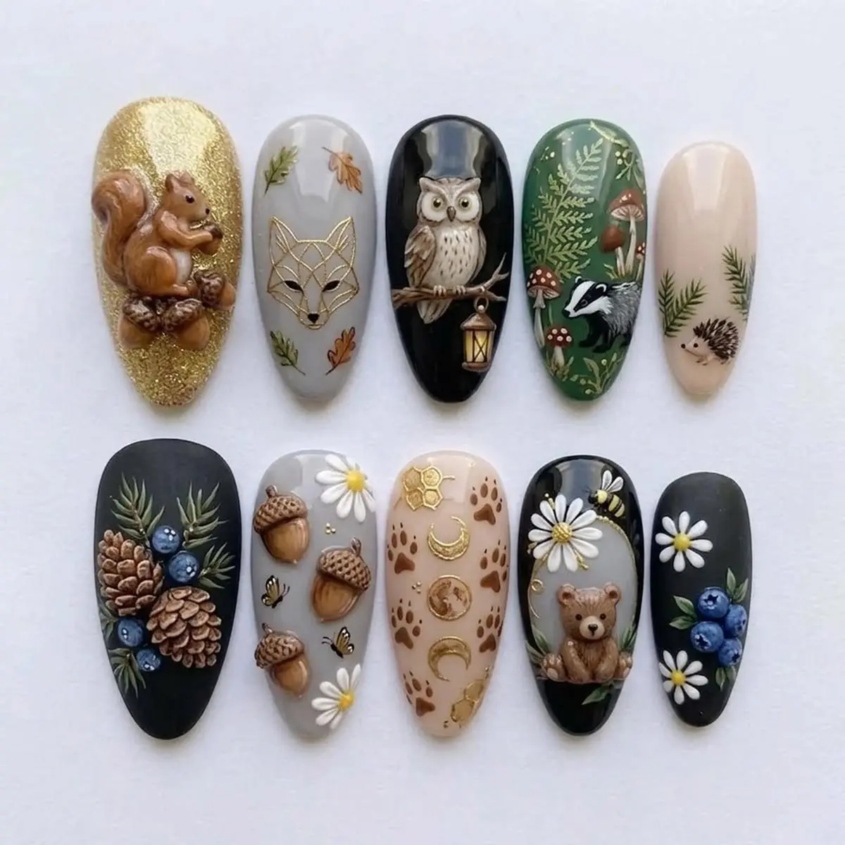 Handcrafted 3D Woodland Animals Press-On Nails, Cute Bear & Squirrel Design for Nail Art Decoration