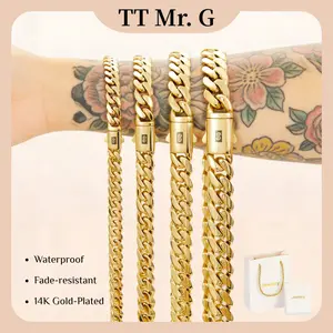 Upgraded 14K Gold Plated Cuban Link Chain Necklace with Black“S”Logo Clasp, Stainless Steel Hip Hop Street Style Jewelry, Waterproof Hypoallergenic Chain for Men & Women, Gift Ready