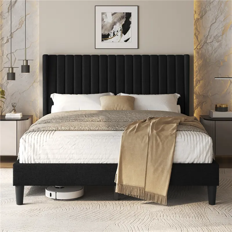 Costoffs Linen Fabric Upholstered Bed Frame Queen with Wood Slat Ventilation 6" Under-Bed Space Easy Assembly, Upholstered Platform Bed, Sturdy Bed Frame