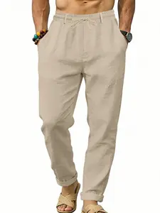 Men's Linen Pants, Multi-Color Options, Drawstring Waist, Breathable, Loose Fit, Straight Leg, Casual Slacks, Casual Sports Long Pants, All Seasons