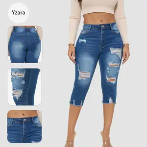 Women's Ripped Capri Jeans - Summer Essential, Distressed Slim Denim Pants, Streetwear Style, Cotton-Spandex Blend, Breathable, Perfect Fit,summerwins