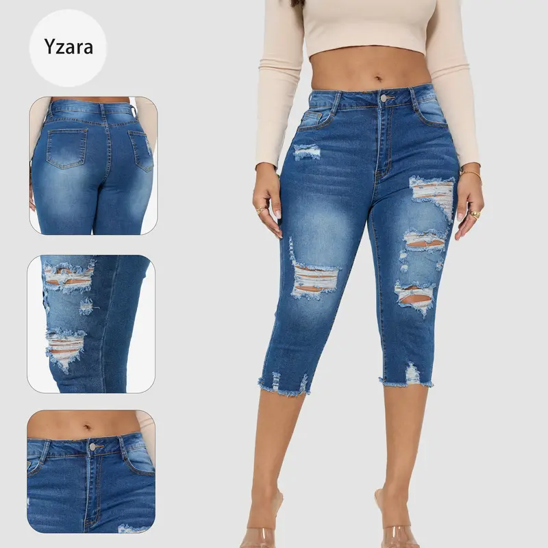 Women's Mid-Rise Slim-Fit Ripped Capri Jeans - 71% Cotton Denim with Stretch Polyester-Spandex, Breathable & Durable, Deconstruction, Bold Distressed Character, Casual Summer Streetwear Cropped Bottoms