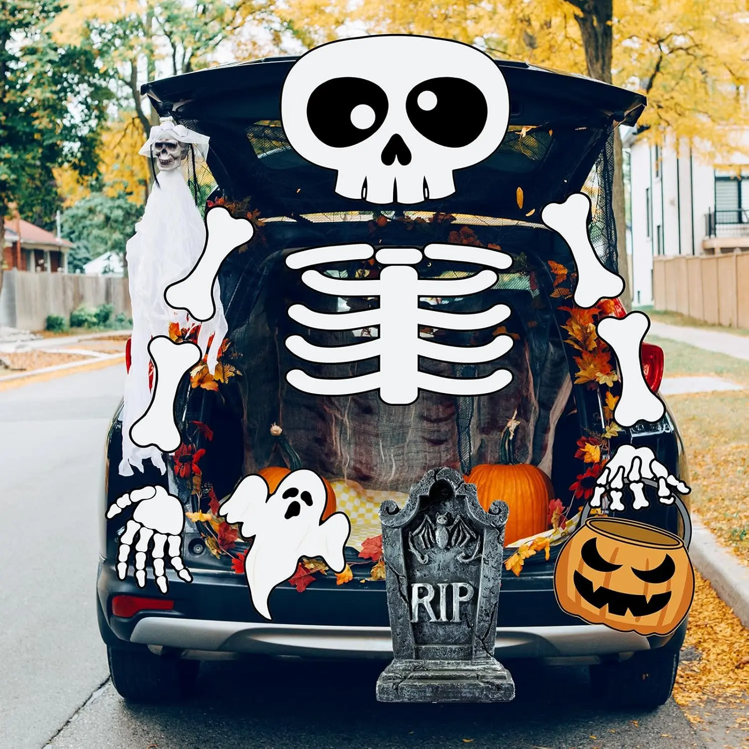 Halloween Trunk or Treat Car Decoration Kit Skull Ghost Tombstone PVC Halloween Car Decor Large Halloween Garage Door Decorations for SUV Outdoor Archway