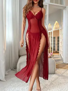 Elegant Women's Lace Trim Sleeveless Fitted Sleepwear Loungewear Set, High-Slit Side & Adjustable Straps, Soft Lightweight Fabric, All-Season Comfortable Fit Womenswear