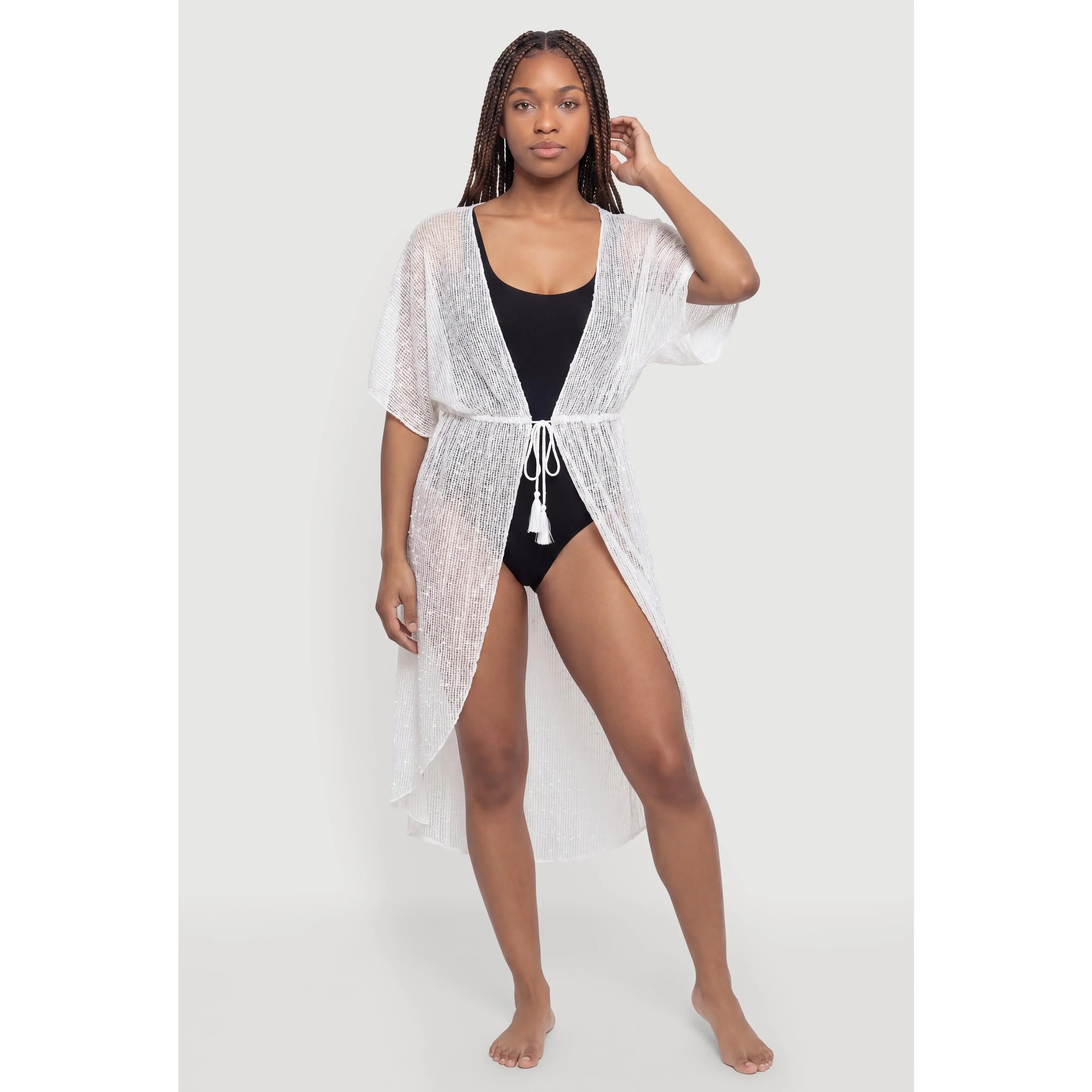 Popcorn Knit Tie Front Cover Up Kimono