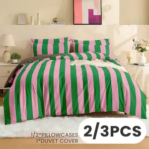2/3 piece cartoon duvet set, bedding, comfortable and breathable bedding set, skin-friendly and comfortable, cartoon style quilt cover set, soft anti-pilling, cute home textiles, pink and green striped pattern quilt cover and pillowcase,