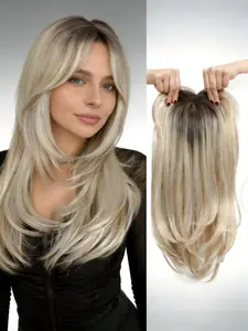 18 Inch Platinum Blonde Straight Hair Topper with Bangs – 100% Premium Kanekalon Synthetic Soft Hair! Clip-in design instantly fixes thinning hair, adds natural volume. Realistic look & seamless blend for everyday confidence!