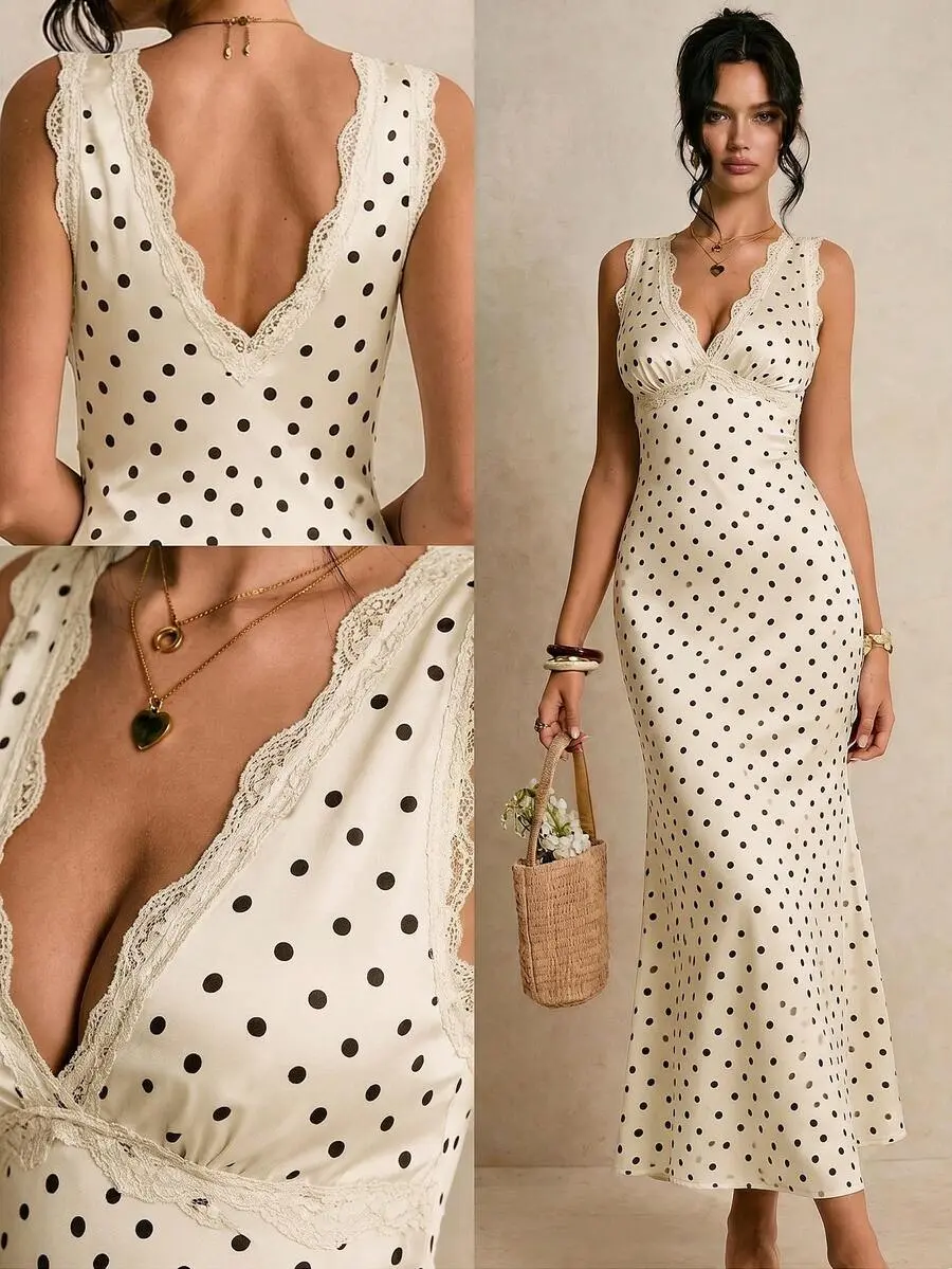GRL Women's Elegant French Lace Polka Dot Patchwork Dress