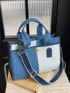 Multi functional color contrasting splicing tote bag, fashionable wide shoulder strap shoulder bag, casual classic atmosphere crossbody bag, suitable for class, work, commuting, going out, shopping, shopping, Canvas Shoulder Bag