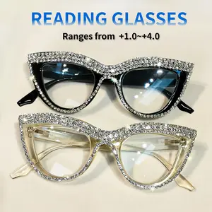 2pcs Cat Eye Rhinestone Reading Glasses for Women, Elegant Anti-Blue Light Readers +1.0 to +4.0, Stylish Full-Frame Design with Sparkling Crystals, Black & Translucent Frames, Antiblue Light Protection| Decorative Eyewear| Polycarbonate Lenses- Eyeglasses