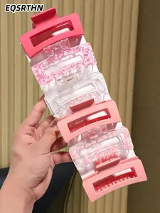 6pcs pink square hairpin, Barrettes Hair Clips, transparent love printing elements sweet and lovely style, big claws, ladies hair accessories, Summer Accessories Set, Back to School Hair Accessories, Beach Accessories