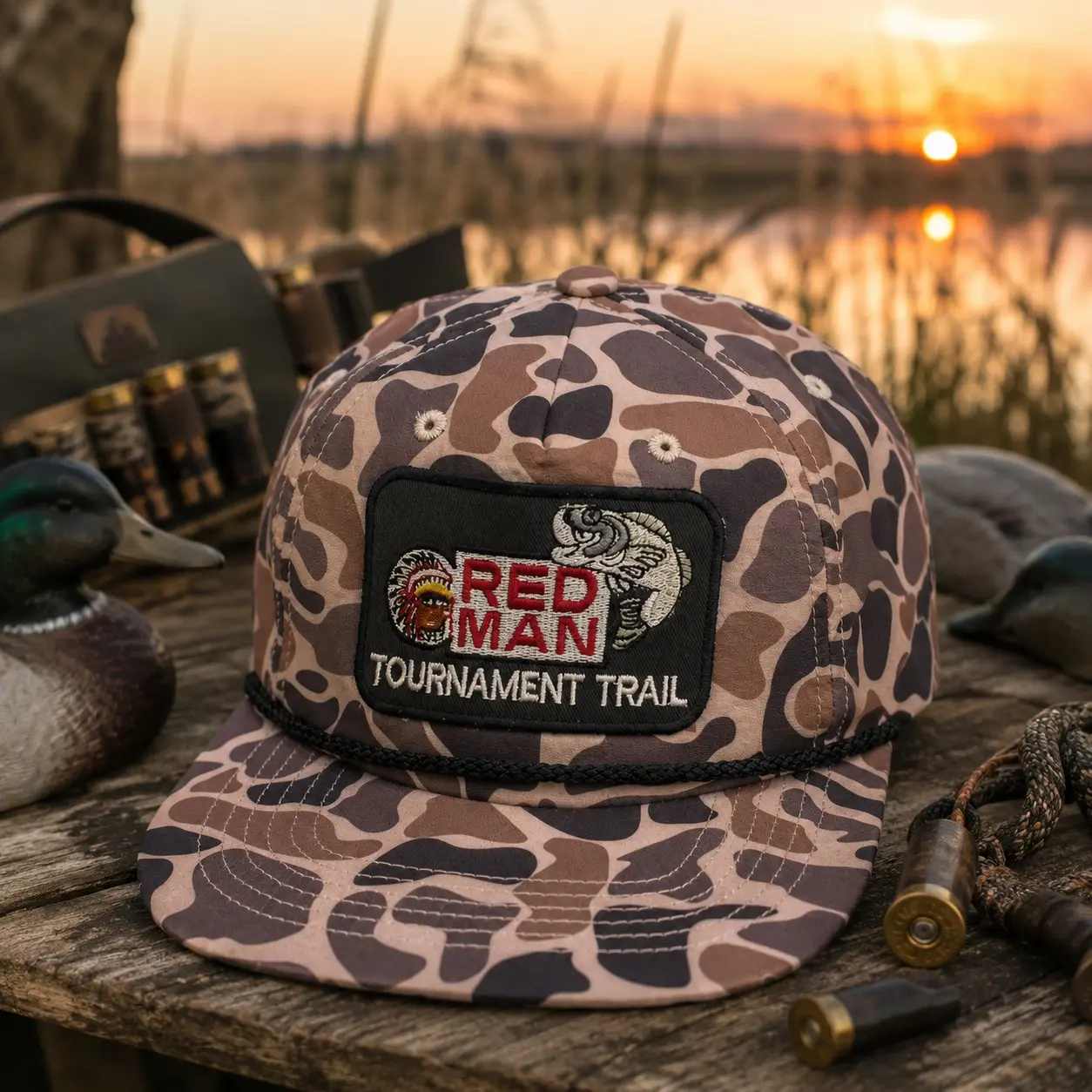 Red Man Tournament Trail Camo Rope Hat with Embroidered Bass Fishing Patch, Flat Bill Five-Panel Adjustable Snapback Cap for Anglers