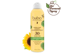 Babo Botanicals Sheer Zinc Mineral Sunscreen Spray SPF 30 – For Sensitive Skin – Water Resistant (80 Minutes) – Dermatologist Tested – Fragrance Free – Air Powered Spray – 6 fl oz (177 ml)