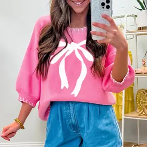 Big Ribbon Bow Print Contrast Stitch Trim Drop Shoulder Sweater