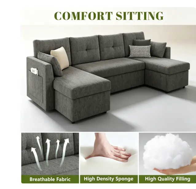 Dark Gray L‑Shaped Sectional Sofa with Storage Chaise, Tufted Cushion L Shape Couch, Modern Oversized Upholstered Sofa With Side Pocket, Large Fabric Corner Sofa for Living Room, Spacious Recliner Style Sectional Couch for Family Apartment