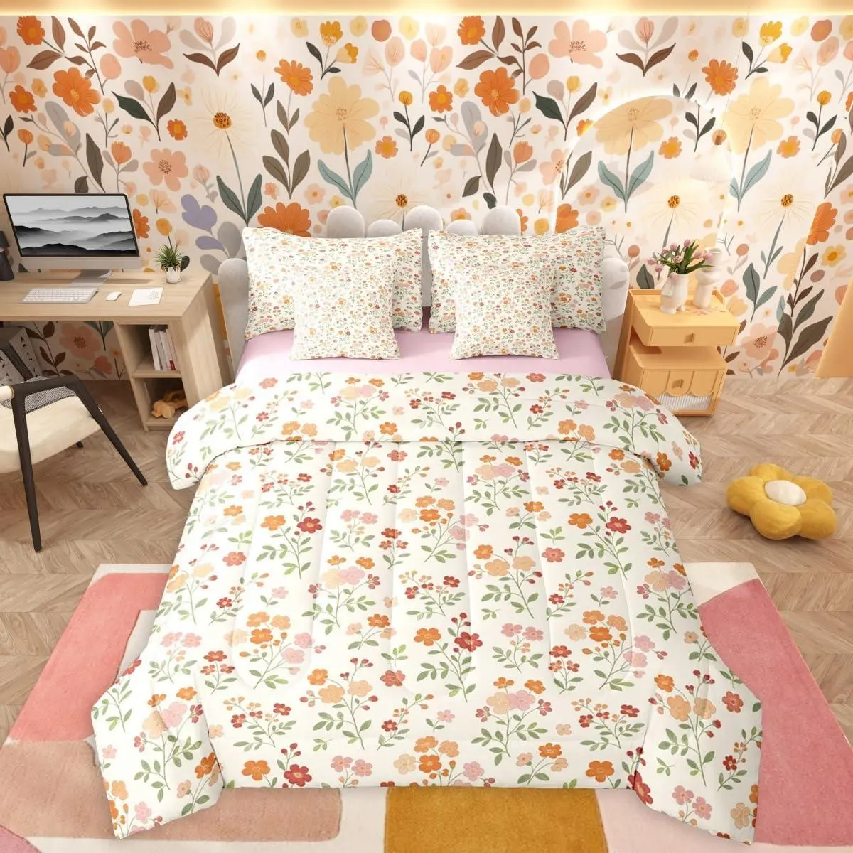 Feelyou 7-Piece Floral Print Bedding Set - Cartoon Orange Floral, Botanical Leaves Design, Breathable Cloth Bed-in-a-Bag with Comforter, Sheet Set, Pillowcases for Garden-Themed Bedrooms (Multi-Size), Seven Pieces
