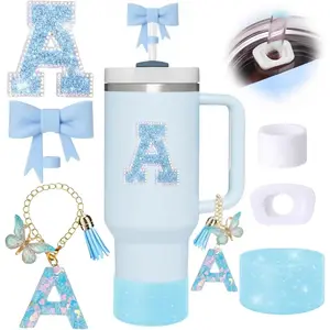 6pcs Blue Stanley Cup Accessories Set, Bow Straw Topper for Stanley Cup 30oz 40oz, Including Straw Topper and Sparkly Silicone Boot, Stoppers Spill Proof, Handle Charm, Initials Sticker