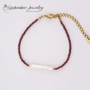 Garnet and Freshwater Toothpick Pearl Bracelet – 14K Gold Plated Stainless Steel | 6.5" + 2" Extension