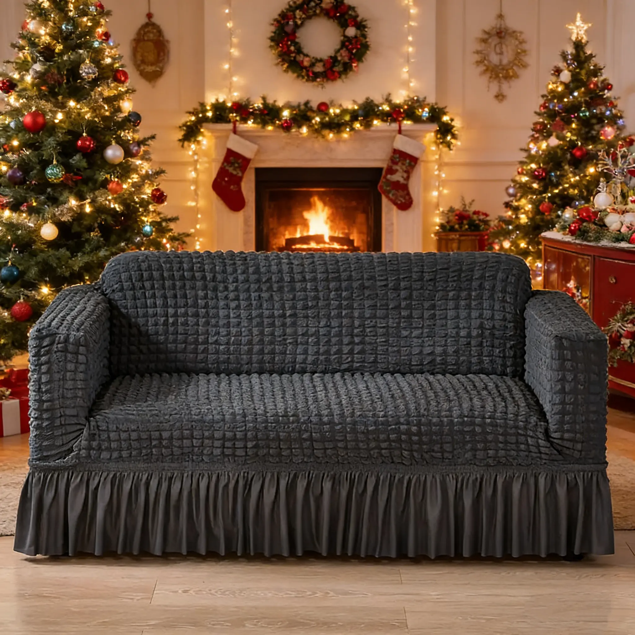 1pc Bubble Stretch Sofa Slipcover, Easy Fitted Sofa Couch Cover With Skirt, Durable Washable Universal High Elastic Furniture Protector