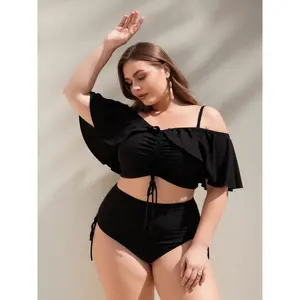 Curvy Friendly High Waisted Plus Size Bikini Set 2026 Solid Black Off The Shoulder Ruffle Sleeve Front Ruched Drawstring Side Tie Tummy Control Beach Pool Vacation Bathing Suit