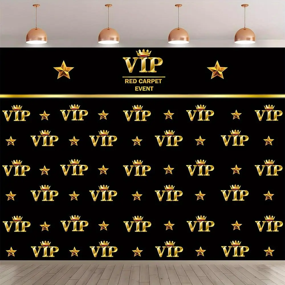 1pc Polyester Fiber 2D Flat VIP Red Carpet Event Backdrop Board Banner - Golden "VIP" & Star Print Decorative Throw, Reusable for Weddings, Parties, Indoor-Outdoor Textile Decor, Wedding