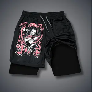Men's Demon Slayer Kamado Nezuko Graphic Print Shorts, 80s-90s Inspired Summer Double-Layer Sports Shorts, Comfortable Jorts Outfit Bottoms