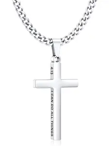 Cross Necklace for Men Boys Stainless Steel Bible Verse Cross Pendant with Cuban Link Chain (22+2 Inches) | Easter Christian Religious Inspirational Jewelry Gifts
