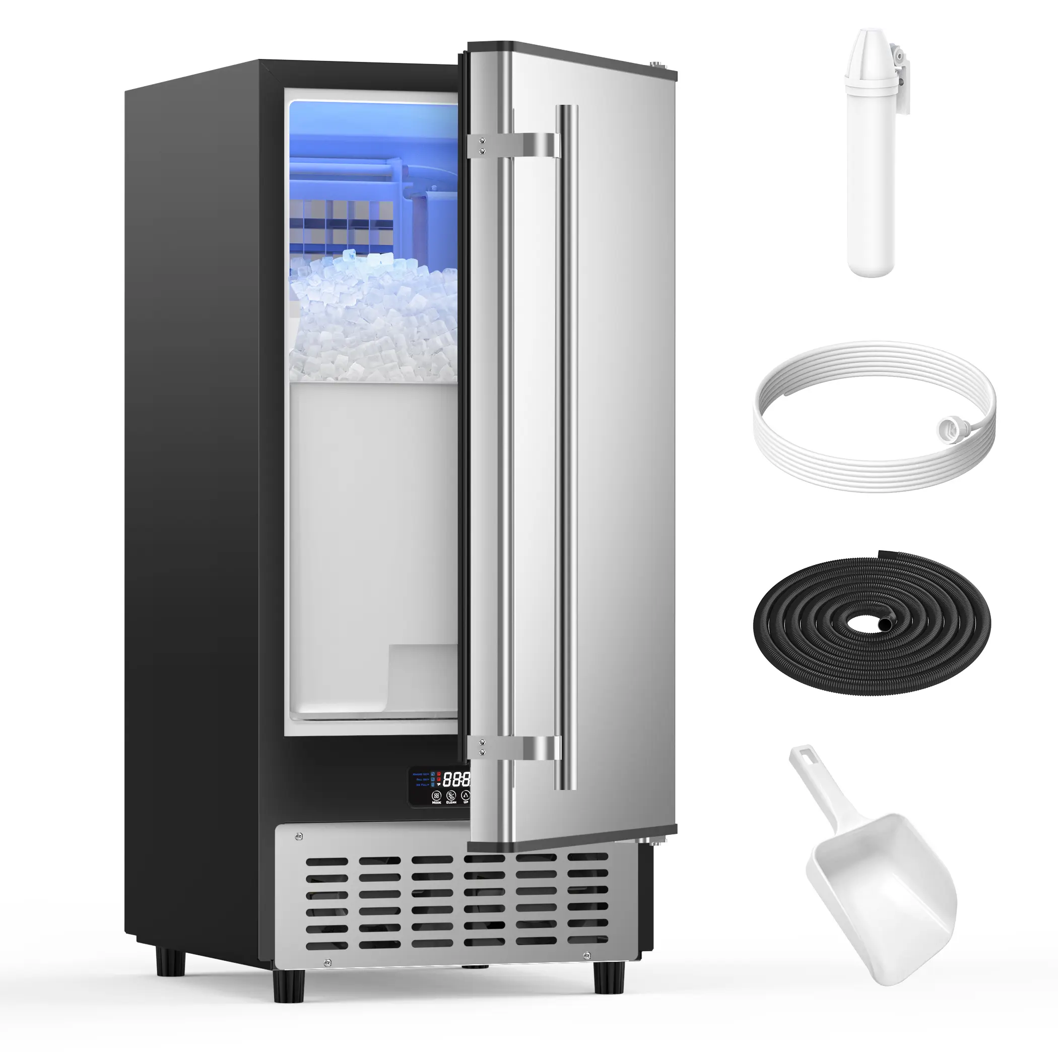 Coolake 15” W Under Counter Ice Maker 80lbs/day with 40lbs Storage, Auto-cleaning LCD Panel Built-in Outdoor Ice Machine for Home Bar Kitchen Office
