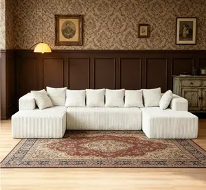 130 Inch Beige Cloud Boneless Sectional Sofa, Oversized 4-Seater U-Shaped Modular Corduroy Couch with Chaise Lounge, No Assembly Needed, Cozy Fluffy Leisure Furniture for Living Room Home Decor