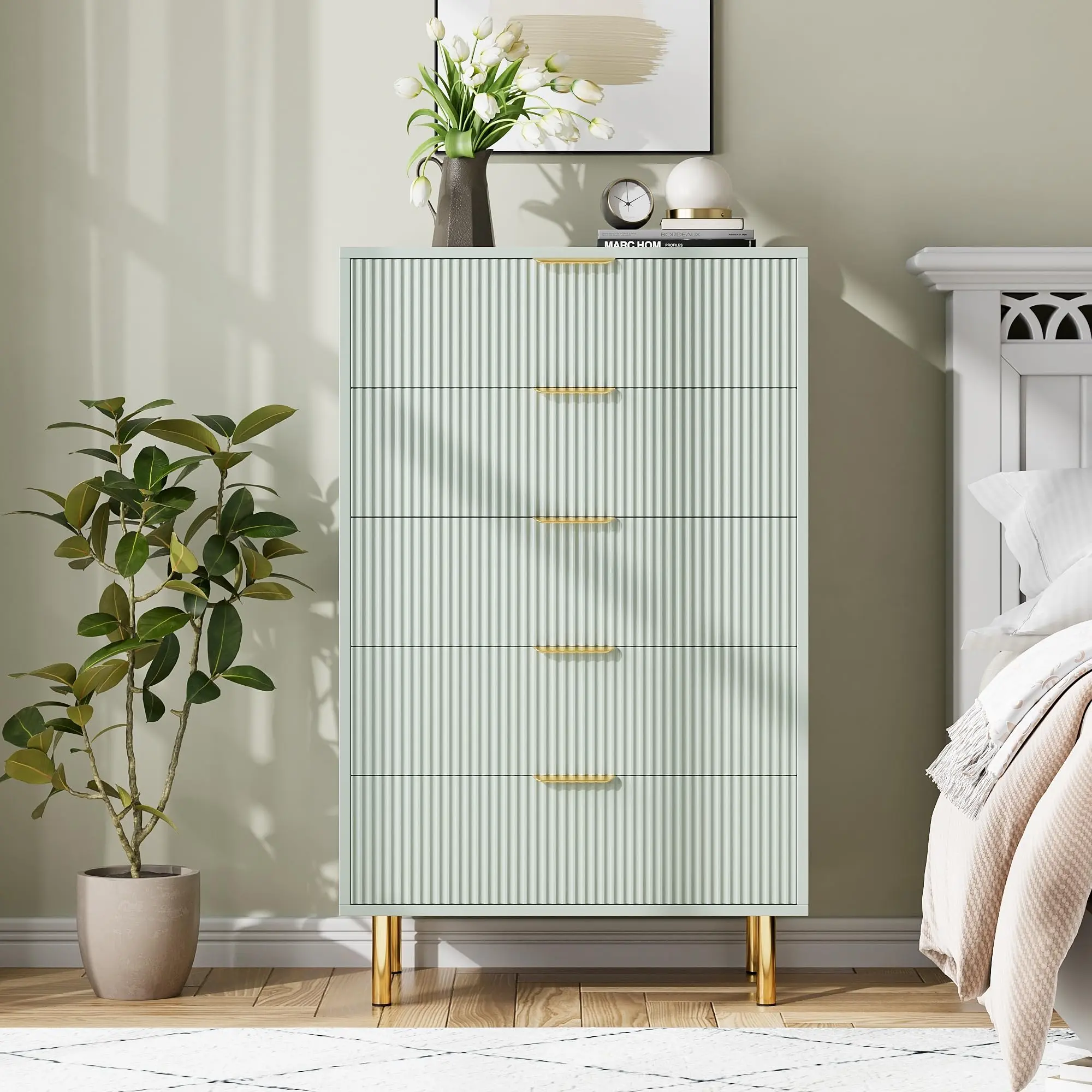 Garvee Green 5 Drawer Dresser, 48" Tall Modern Chest with Gold Metal  Handles, Anti-Tipping Device, Fluted Wooden Organizer for Bedroom, Living  Room, Hallway - TikTok Shop