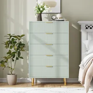 Garvee Green 5 Drawer Dresser, 48" Tall Modern Chest with Gold Metal Handles, Anti-Tipping Device, Fluted Wooden Organizer for Bedroom, Living Room, Hallway