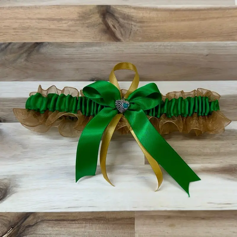 Green and Gold wedding garter, heart charm