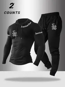 Men's Hooded Long Sleeve Top and Drawstring Pants Matching Set, Letter Print Design, Spring & Fall Fashion, Casual and Trendy Look
