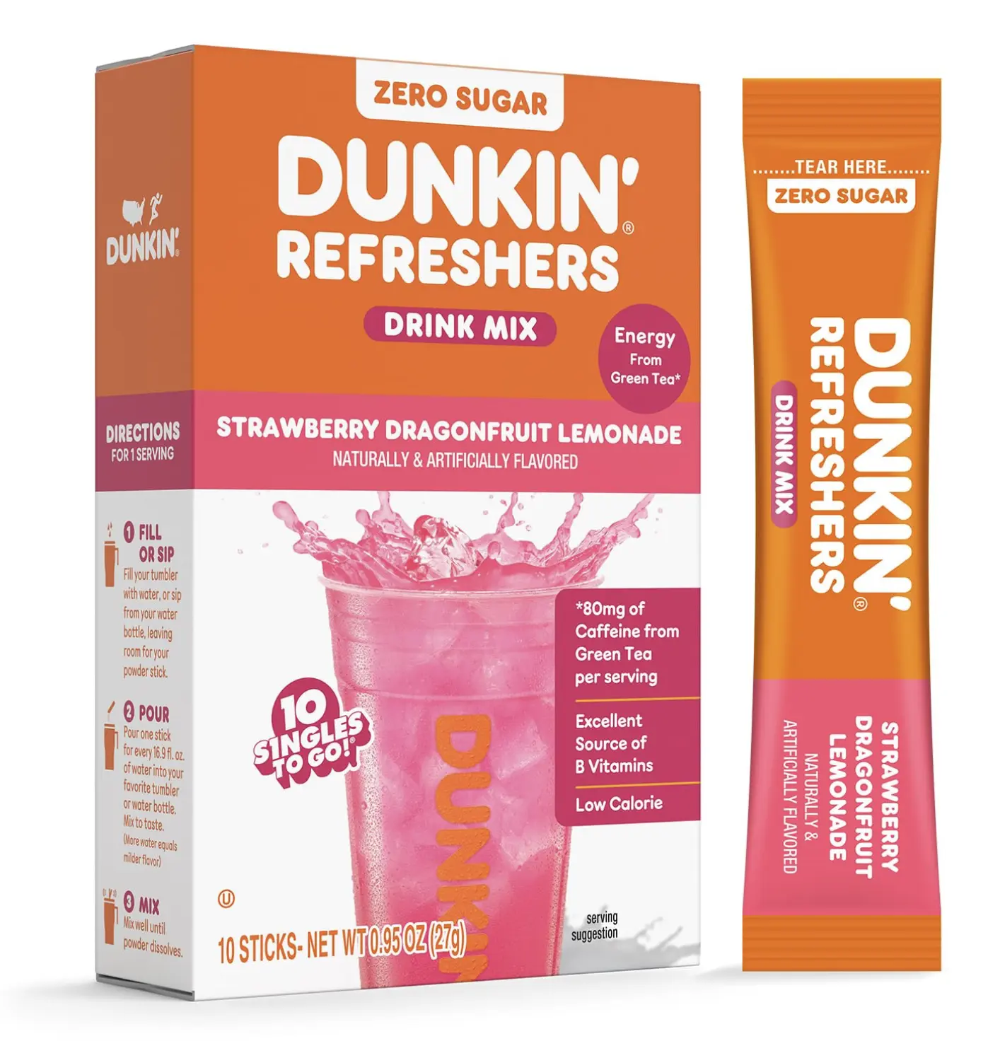Dunkin’ Zero Sugar Refreshers Singles To Go! Powdered Drink Mix Packets, Strawberry Dragonfruit Lemonade, 10 Packets