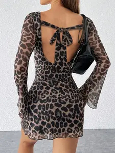 Elegant Leopard Print Backless Long Sleeve Dress, Fashionable Versatile Women's Dress, Sexy Summer Vacation Dress, Romantic Mesh Dress, Womenswear, Breathable