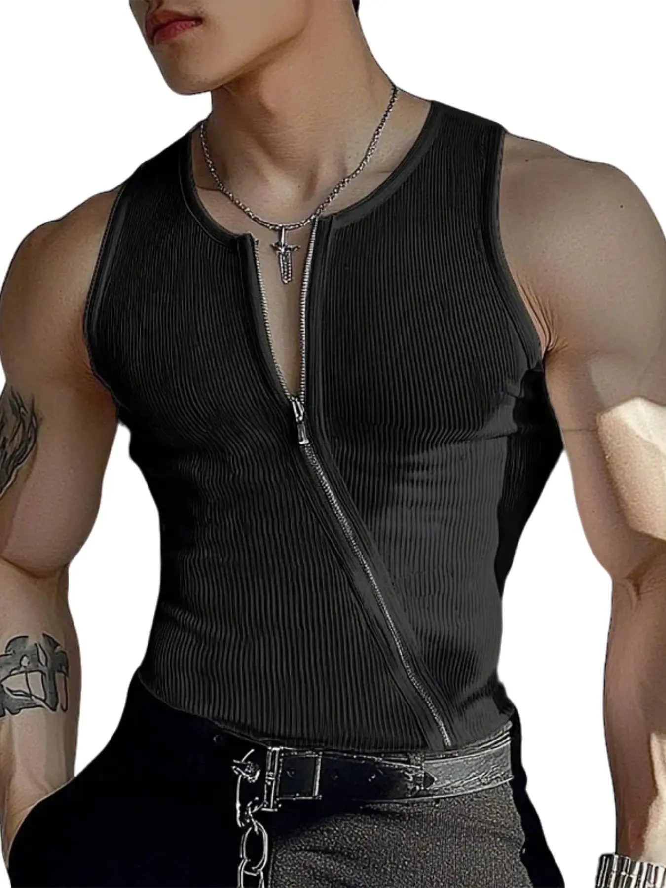 Men's Slim Fit Tank Top, Tank Vest, Nightclub Wear, Zipper Design, Solid Color, Sleeveless, Bodycon Style, Casual, Perfect for Evening, Menswear