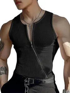 Men's Slim Fit Tank Top, Nightclub Wear, Zipper Design, Solid Color, Sleeveless, Bodycon Style, Casual, Perfect for Evening
