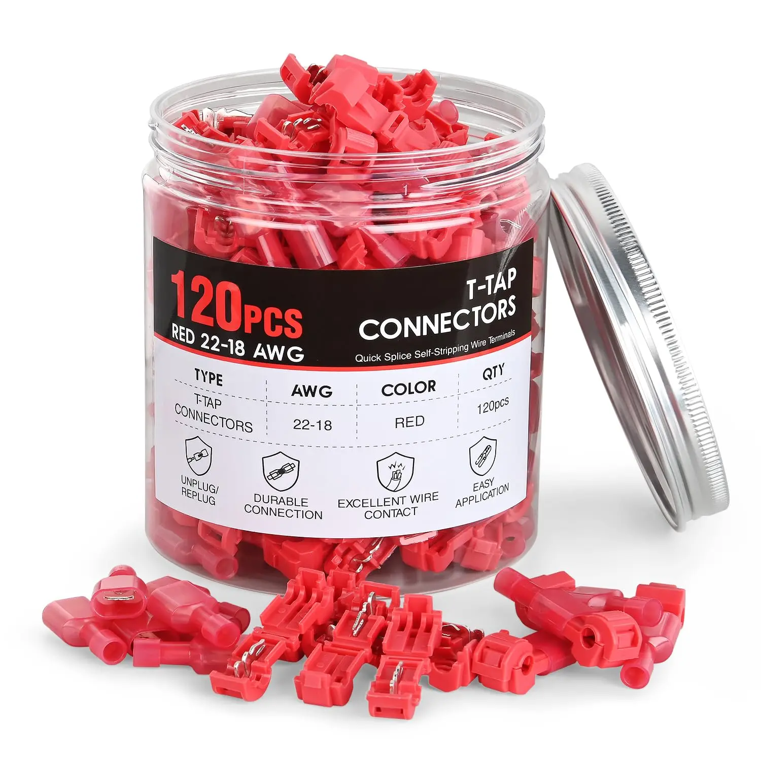 Nilight 120PCS/60 Pairs Quick Splice Disconnect Wire Terminals T-Tap Spade Wire Connectors Red 22-16 AWG Male Female Fully Insulated Electrical Wire Crimp Self-Stripping Kit Wired Jack summervibes