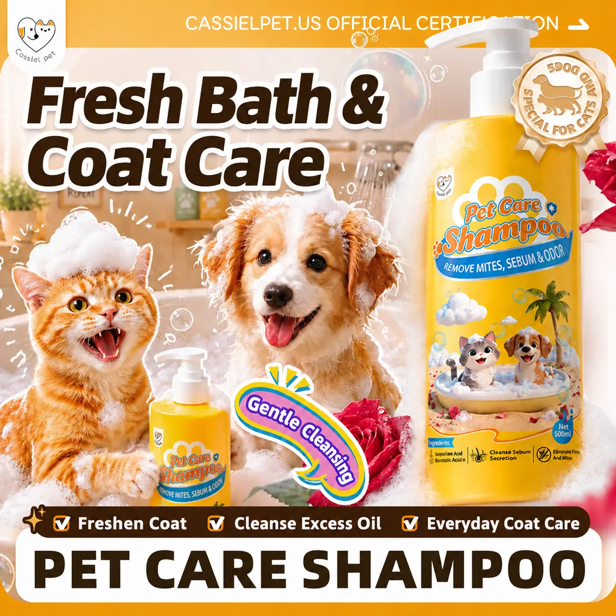 Cassiel-Pet Deodorizing Pet Shampoo for Dogs & Cats, 16.9 fl oz (500 mL) – Gentle Deep Cleansing for Odor Control, Surface Dirt, Excess Oil & Everyday Coat Care