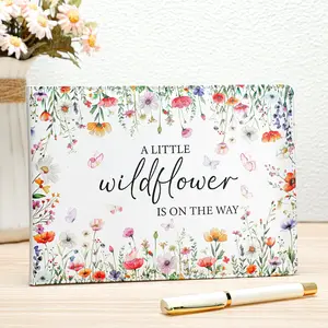 Baby Shower Leather Guest Book with Pen 112 Pages Thanksgiving Day Sign in Guestbook with Birth Date Name Wishes Advice Gift for Parents(Wildflowers)