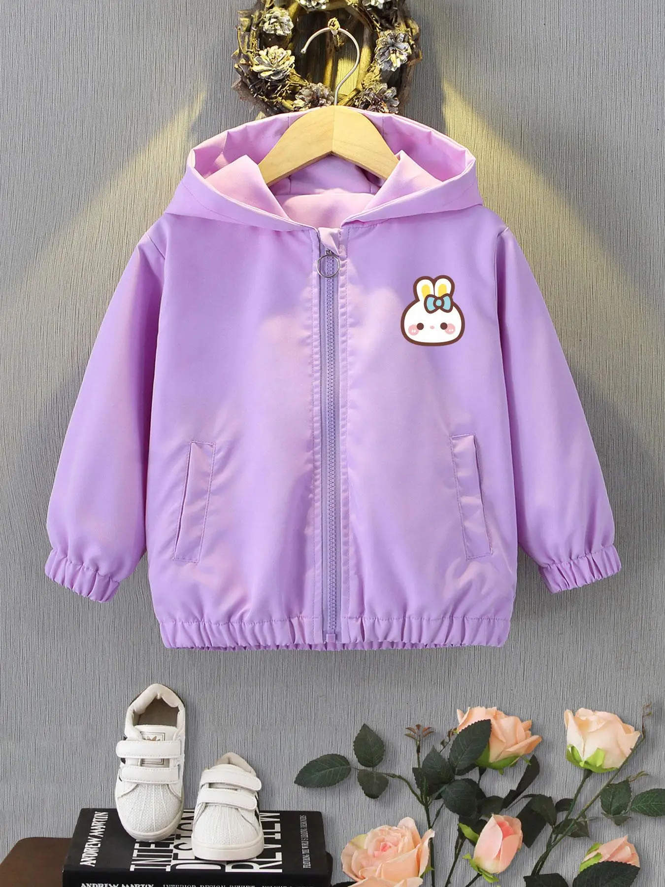 Girl's Cartoon Rabbit Print Hooded Jacket, Cute Casual Long Sleeve Zip Up Outerwear for Daily Wear, Kids Clothing for All Seasons